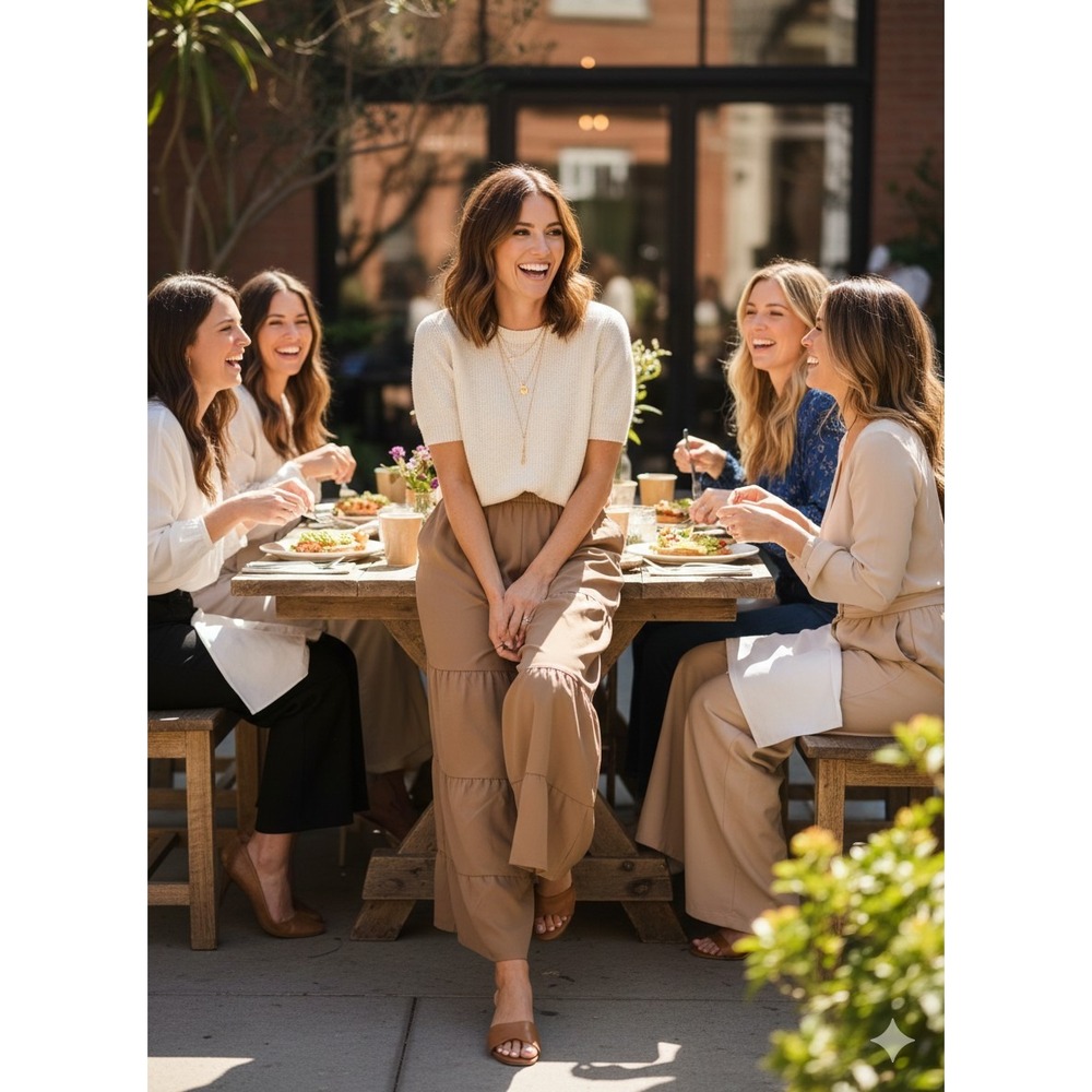 Womens Brown Layered Palazzo Pants With Elastic Waist. 14" To 18" Waist, Hips...